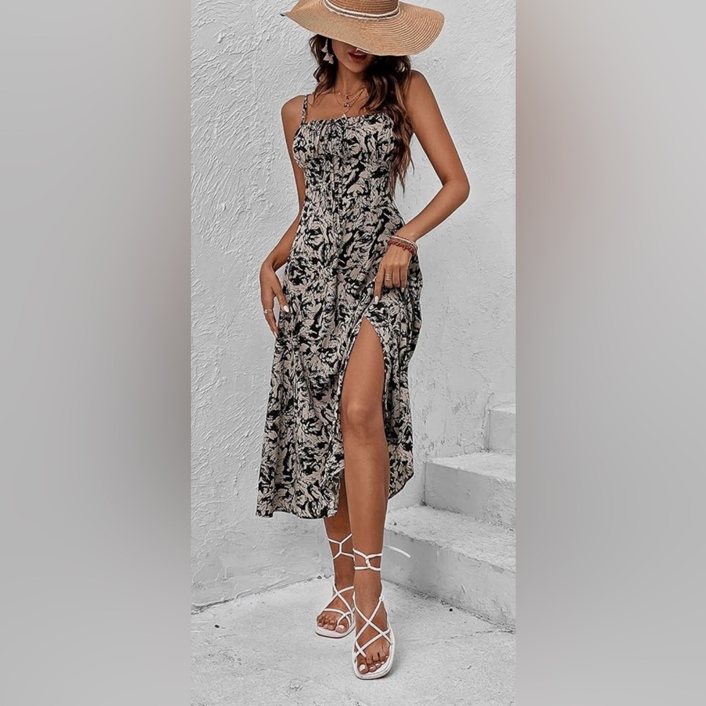 BROVAVE Women's Floral Print Spaghetti Strap Tie Front Smocked Midi Dress